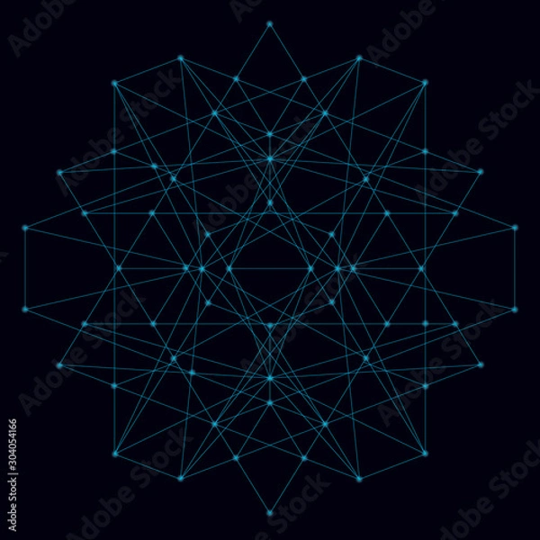Fototapeta Abstract geometric shape of their blue lines on a dark background with luminous lights. Vector illustration