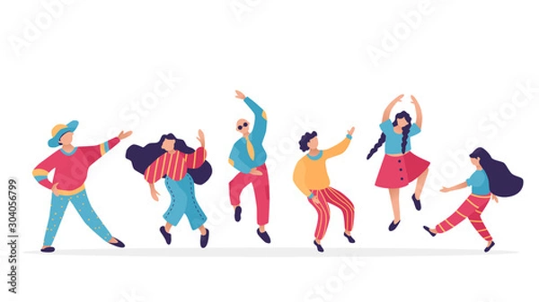 Obraz Male and female dancing characters. Set of flat happy people. Funny friends dance and jump.