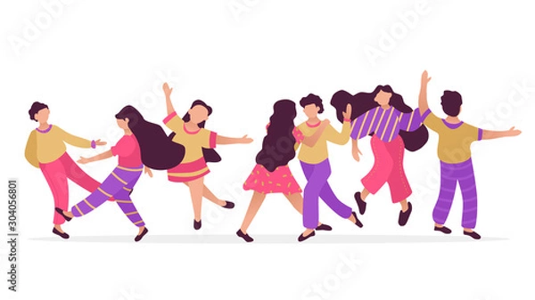 Obraz Male and female dancing characters. Set of flat happy people. Funny friends and couple dance and jump.