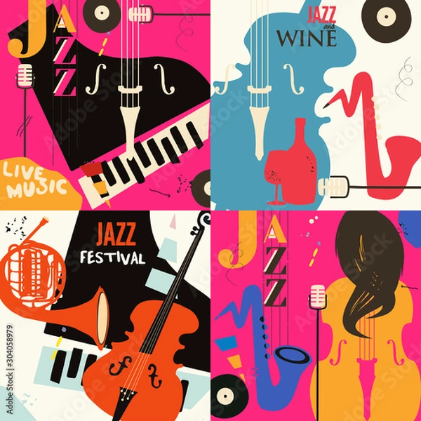 Fototapeta Set of music cards and banners flat vector illustration design. Music cards with instruments. Jazz music festival banners. Colorful jazz concert posters, party flyers, brochures