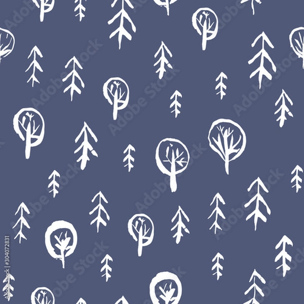 Fototapeta Childish seamless pattern with cute sketchy fir, oak and birch forest trees in pale blue winter night. Cute ink hand drawn woodland texture for kids design, wallpaper, textile, wrapping paper