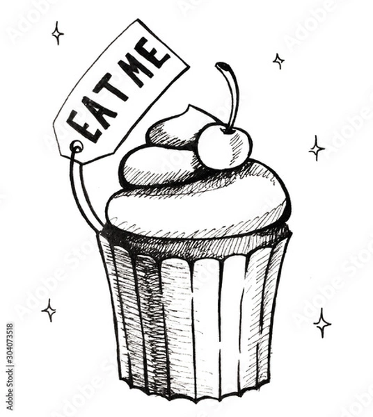 Fototapeta Hand drawn sketch of cup cake with sign eat me