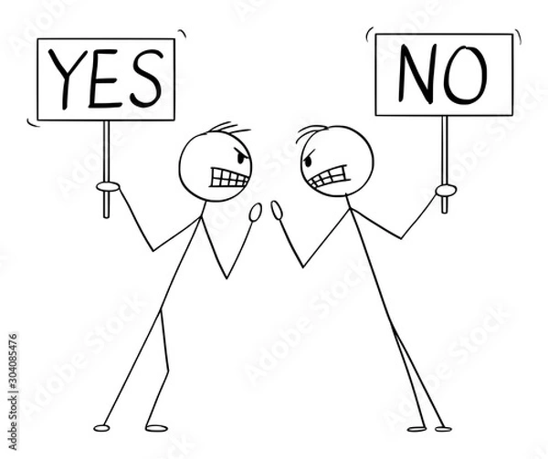 Fototapeta Vector cartoon stick figure drawing conceptual illustration of two angry men or businessmen in fight argument or arguing with yes and no signs in hands.