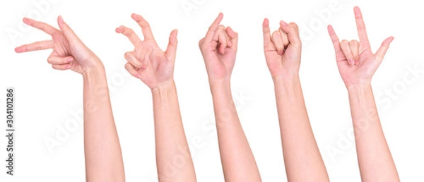 Fototapeta Set of people showing different gestures on white