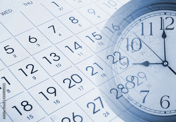 Fototapeta Collage with round clock and calendar page, time, planning and appointment concept
