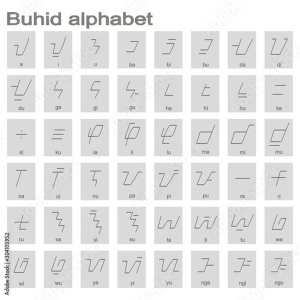 Fototapeta Set of monochrome icons with Buhid alphabet