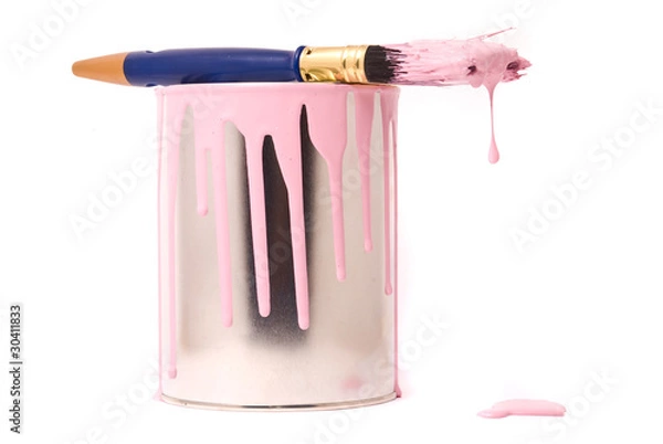 Obraz Can of pink paint and professional brush on a white
