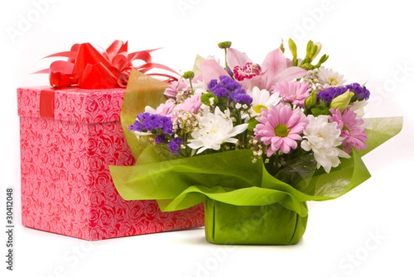 Obraz Magnificent bouquet and present box on a white