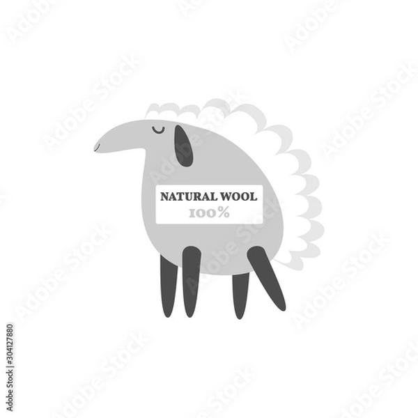 Fototapeta Funny cartoon sheep with text "natural wool 100%". Isolated vector animal for wool yarn , threads logo