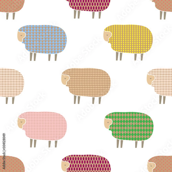 Fototapeta Vector colorful sheep with vintage texture. Seamless pattern with farm animals on white background. Design for wrapping paper, textile. fabric
