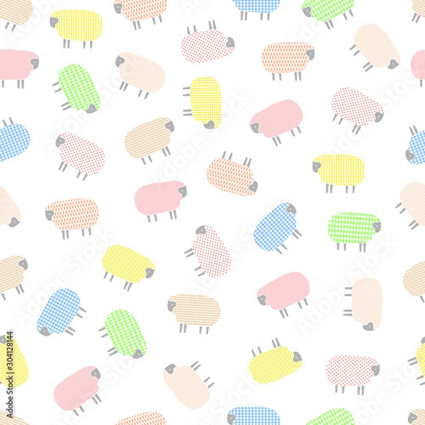 Fototapeta Cute sheep on white background. Vector seamless pattern with colorful farm animals with vintage texture. Delicate design for wrapping paper, textile, fabric, baby's stuff