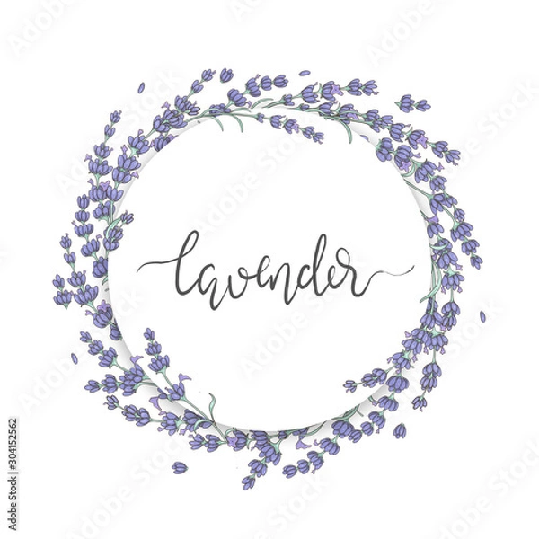 Fototapeta Circle frame with lavender flowers and lettering: lavender. Beautiful circle banner for packaging design or label. Copy space for your text. 