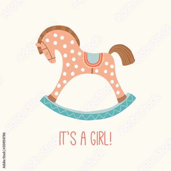 Fototapeta Baby shower invitation It s a girl . Cute toy horse with wheels. Kids First Toys. Baby shower design element. Cartoon vector hand drawn eps 10 illustration isolated on white background.
