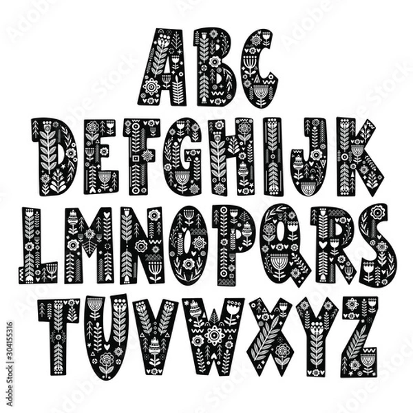 Fototapeta Alphabet hand drawn letters in folk style. Scandinavian style font. Capital letters with ethnic decorative leaves, flowers. Vector illustration.