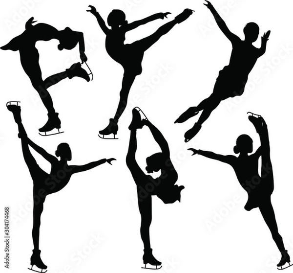 Fototapeta Set Girl characters. Athlete on the rink. Flat Vector illustartion. Figure ice skating. Athletes. Winter sport illustration. Woman in motion vector images. Elements of figure skating.Black silhouettes