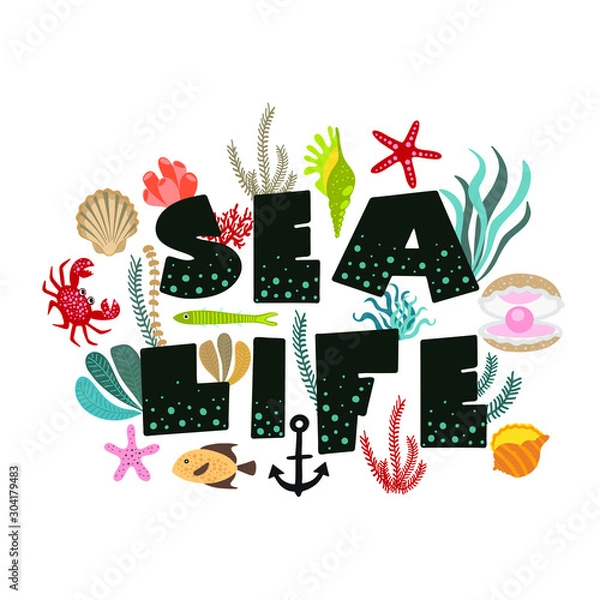 Fototapeta Ocean, sea. Handwritten lettering, inspirational quotes with colorful corals and algae on a white background. T-shirt design element.