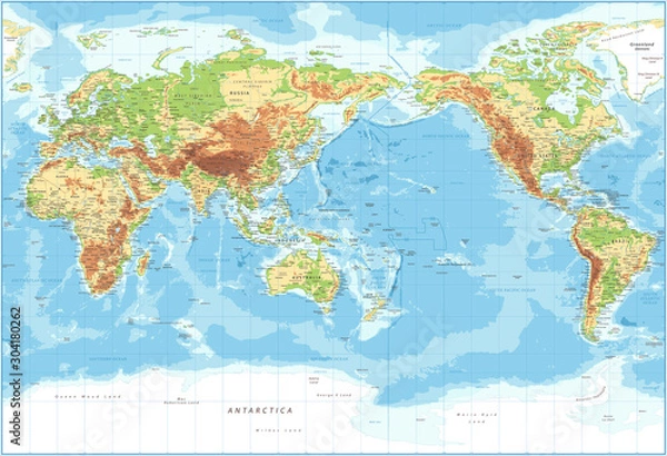 Fototapeta Mapa świata - widok na Pacyfik - fizyczna topografia - wektor Szczegółowa ilustracja