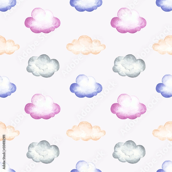 Fototapeta Seamless watercolor colorful clouds and stars pattern. Design for wrapping paper, greeting card, child clothing and textile