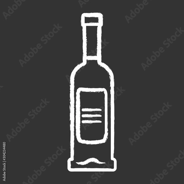 Obraz Green glass bottle of wine, gin, absinthe chalk icon. Alcoholic drink, beverage. Color glass liquor bottle with white label. Stemware in bar, cafe, restaurant. Isolated vector chalkboard illustration
