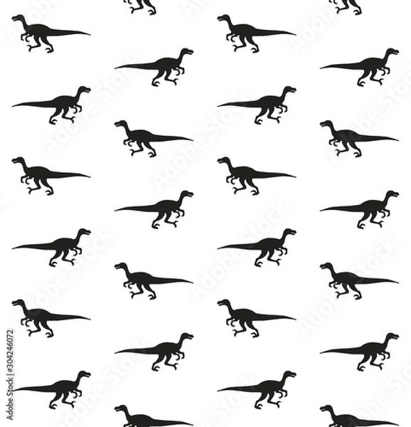 Fototapeta Vector seamless pattern of black velociraptor dinosaur silhouette isolated on white background