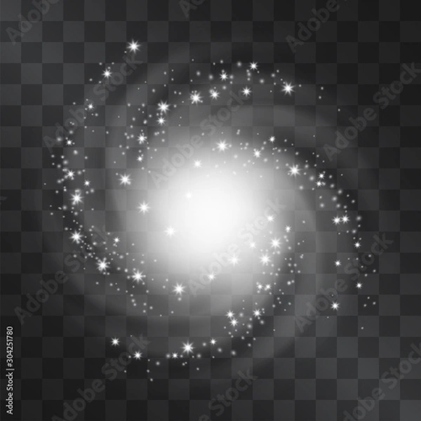 Fototapeta Light hurricane effect. Vector glowing tornado, swirling storm top view of shining stardust sparkles on transparent background. Glittering blizzard, ice cold magical illumination. Whirlwind flash.
