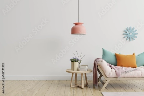 Fototapeta Modern interior room with plants and sofa in wooden table.