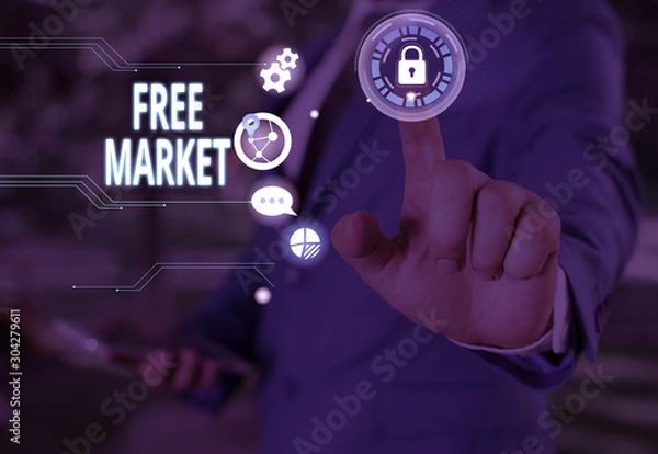 Fototapeta Text sign showing Free Market. Business photo showcasing an unregulated system of economic exchange or free competition