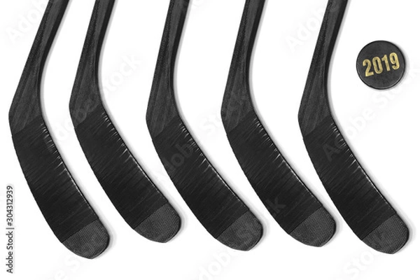Obraz Five hockey sticks and puck on ice