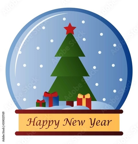 Fototapeta Snow globe. Glass ball with snow, Christmas tree and gifts. Christmas souvenir, interior decoration. Isolated on white background. Flat style.