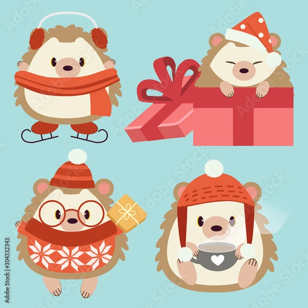 Obraz The character of cute hedgehog wear a accessory in christmas theme. The cute hedgehog wear glasses and  winter hat and scarf and sweater and holding a tea cup and giftbox on white background and snow.