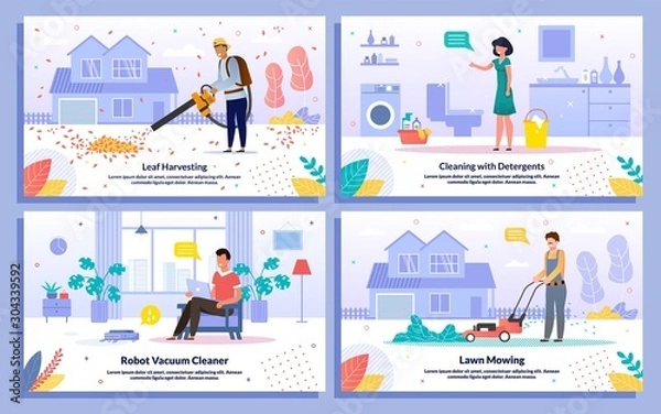 Obraz House Cleaning Works Flat Vector Banners Set