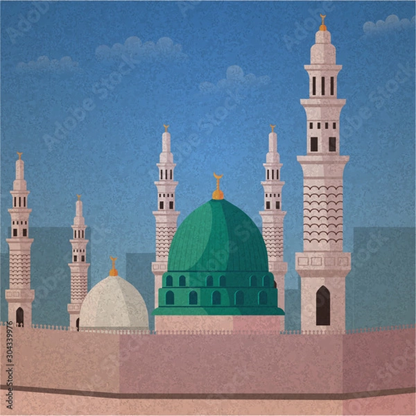 Obraz Nabawi Mosque Green Dome in Medina Vintage Illustration