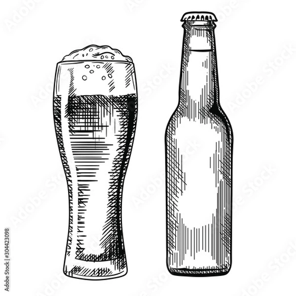 Fototapeta Set of the beer bottle and glass vector illustration, hand drawn sketch style 