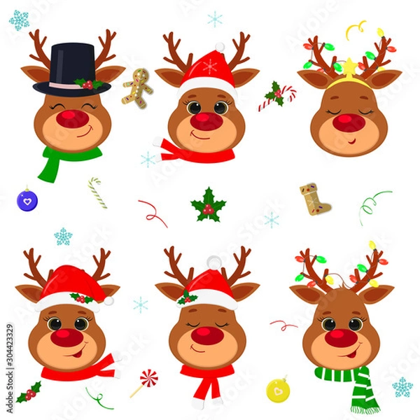 Obraz Happy New Year and Merry Christmas. Set of six cute reindeer head with different emotions in different Santa Claus hat and scarf, snowman, elf. Christmas accessories. Cartoon, flat style, vector