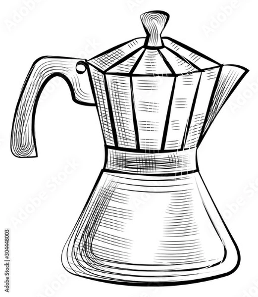 Fototapeta Moka pot for brewing espresso coffee, steel kettle for preparing strong drink of dark beans. Vector meta kettle isolated monochrome sketch icon