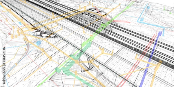Fototapeta BIM wireframe model of transport infrastructure with utility networks and bridge