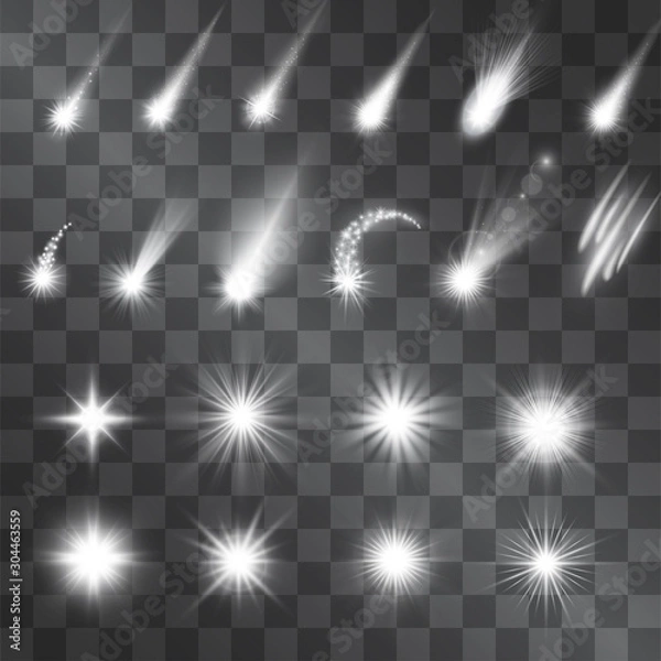Fototapeta Vector silver sparkle light effect, meteorites, shooting stars. Decorative white illumination shining sources. Glistening set of flashes and highlights on transparent background for decorative purpose