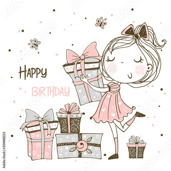 Fototapeta Card to the birthday with a cute Princess and a large birthday cake. Vector