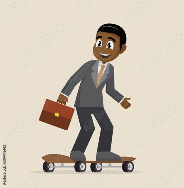 Obraz Cartoon character, African Businessman on skateboard.