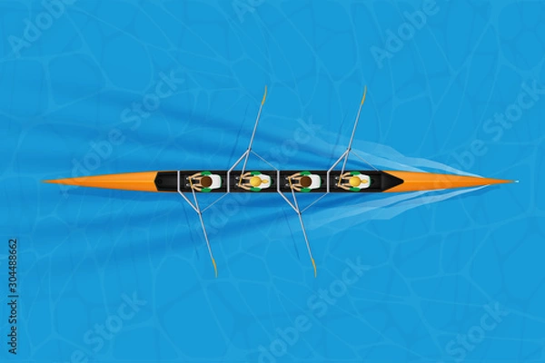 Fototapeta Four Racing shell with mixed paddlers for rowing sport on water surface. Four paddlers mixed race. Woman and Man and inside boat. Top view. Vector Illustration