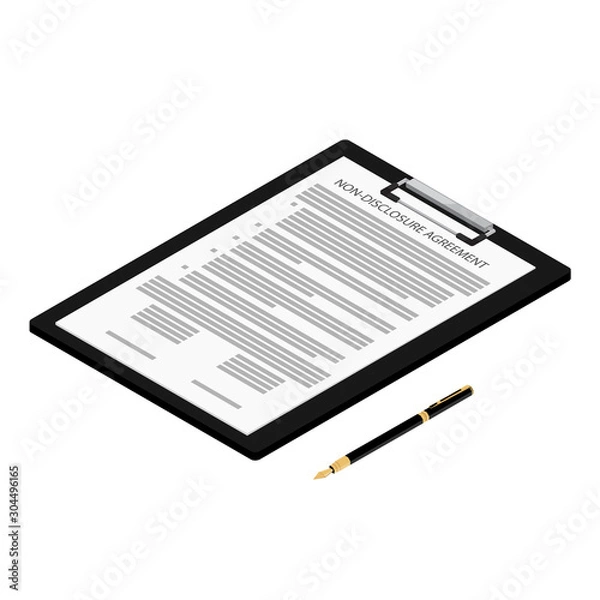 Fototapeta Non-Disclosure Agreement document with stamps isometric view isolated on white background. NDA concept.