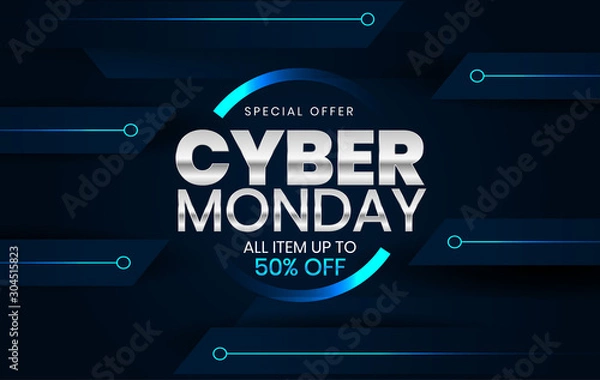 Obraz Sale banner template design with blue light effect on dark background, Cyber Monday special offer sale up to 50% off.