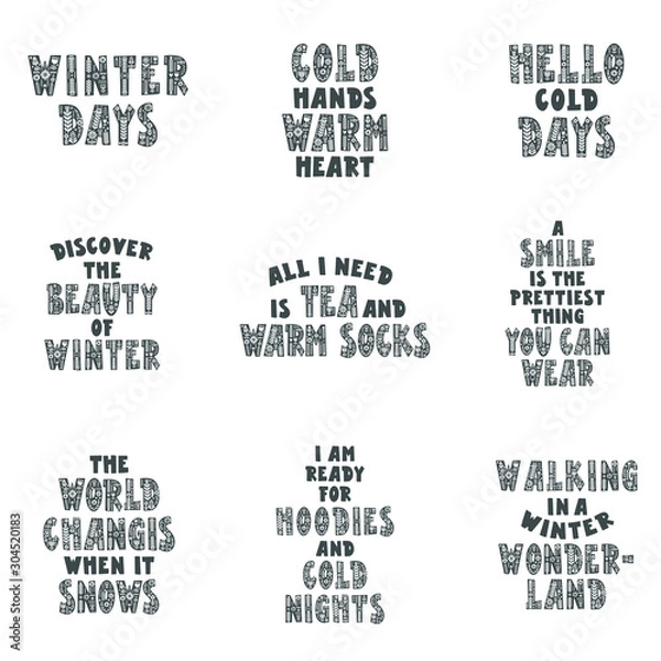 Fototapeta Set of posters in scandinavian style. Winter. Inspiration quotes. Motivational typography.