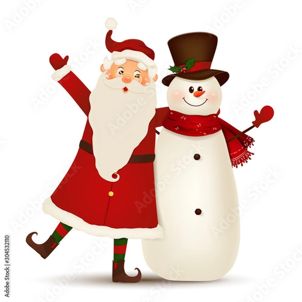 Fototapeta Christmas Cute Santa Claus with funny snowman waving hands and greeting isolated on white background. Santa clause with snowman for winter and new year holidays. Happy Santa Claus cartoon character.