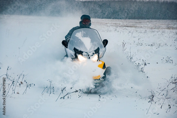 Fototapeta Snowmobiling in the snowy taiga of the Khabarovsk Territory.