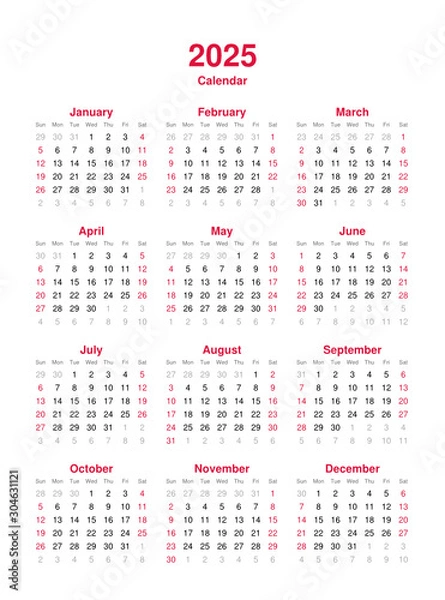 Fototapeta Calendar 2025 - 12 months yearly vector calendar in year 2025 - calendar template - planner calendar