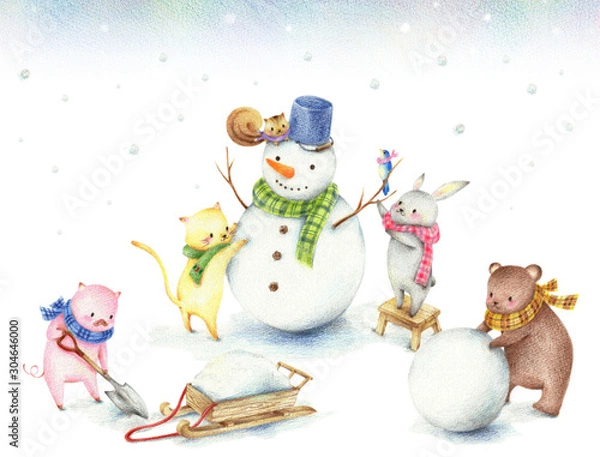 Fototapeta 雪だるまを作る動物たち