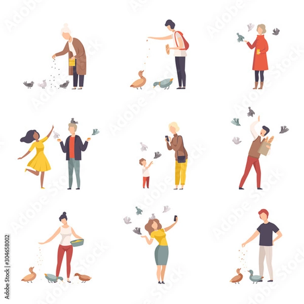 Fototapeta People Characters Walking and Feeding Pigeons on Town Squares Vector Illustrations Set