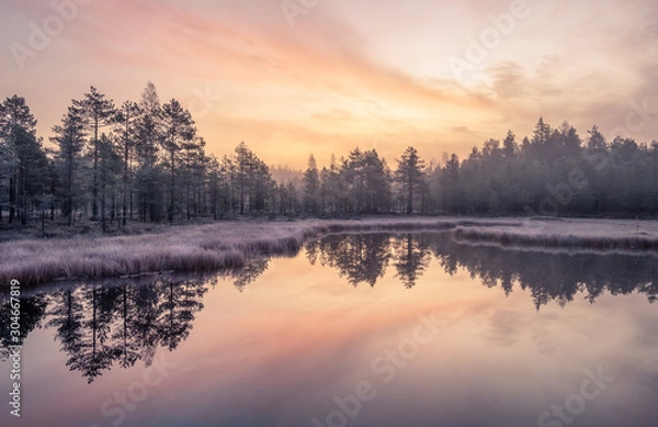 Obraz Calmness and cold autumn morning landscape with sunrise, beautiful reflections and peaceful lake in Finland