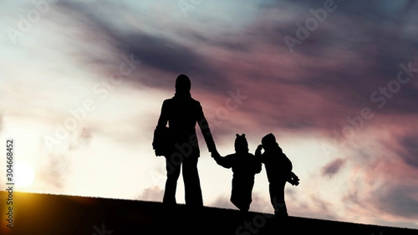 Fototapeta Family silhouette at Sunset 3D Rendering